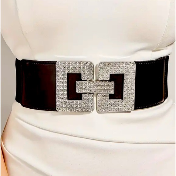 RHINESTONE GEOMETRIC BUCKLE WIDE BELT CLASSIC BLACK COLOR ELASTIC SIZE LARGE - Picture 6 of 6